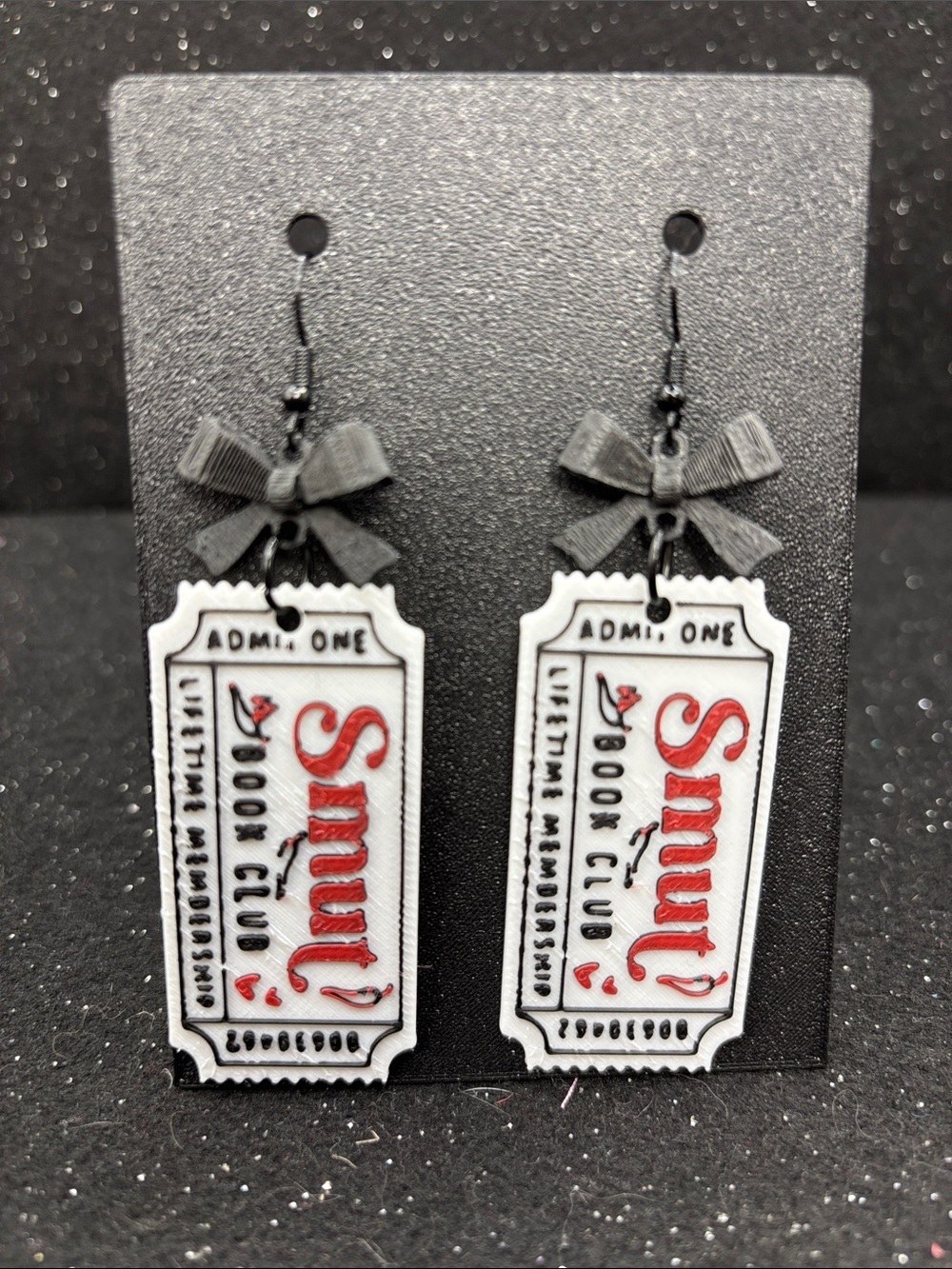 Smut Book Club Ticket Earrings with Bow - Picture 4 of 4